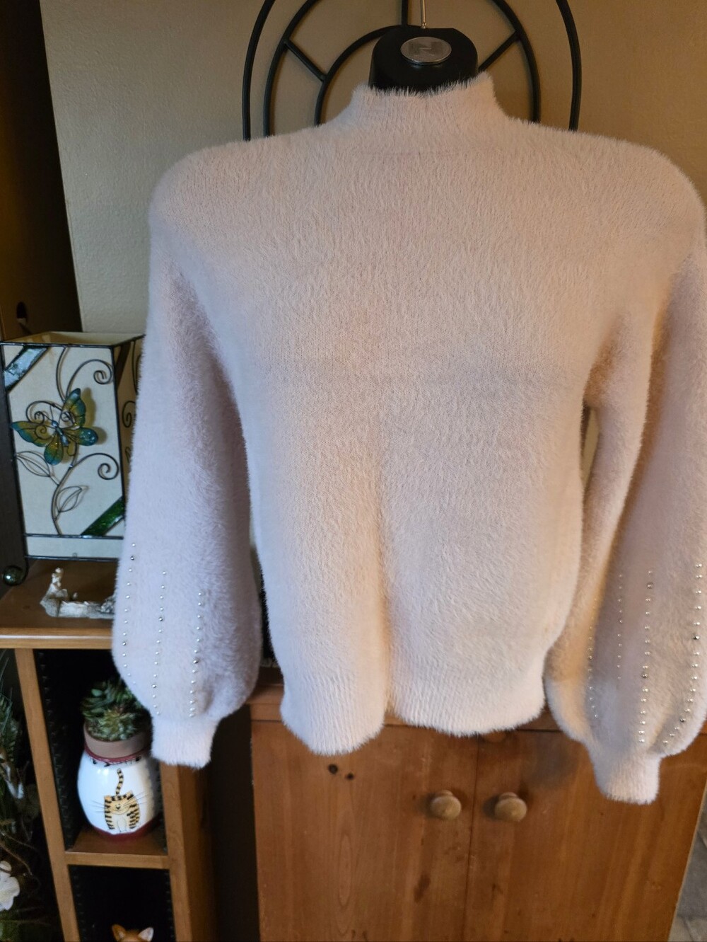 Philosophy Fuzzy Mock Neck Balloon Sleeve Pearl Embelished Sweater - Pale Pink